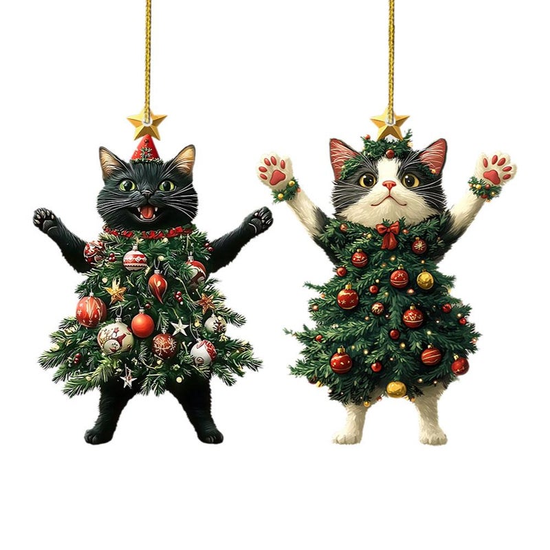 Cute Acrylic Christmas Cat Ornament – 8x6cm Festive Holiday Decoration, Fun Black Cat in Tree Design, Perfect for Pet Lovers & Gift Giving (Black + White) - Image 1